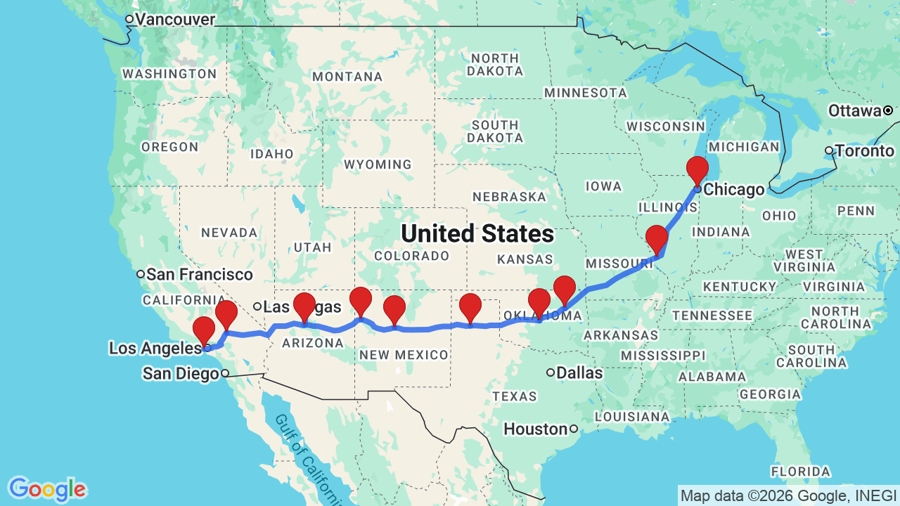 Route map for Route 66: Chicago to Los Angeles