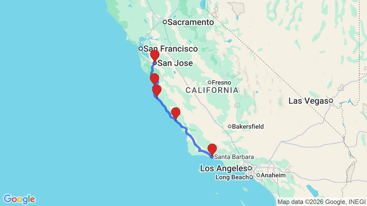 Route map for Pacific Coast Highway: San Jose to Santa Barbara